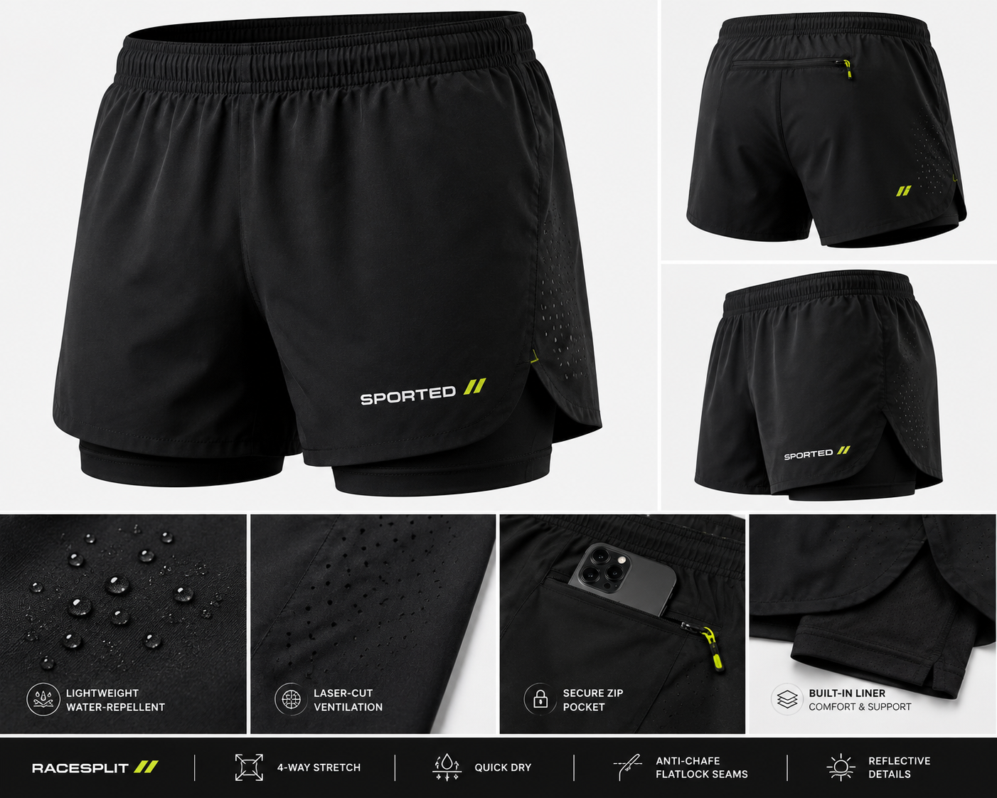 SPORTED RaceSplit technical performance running shorts concept